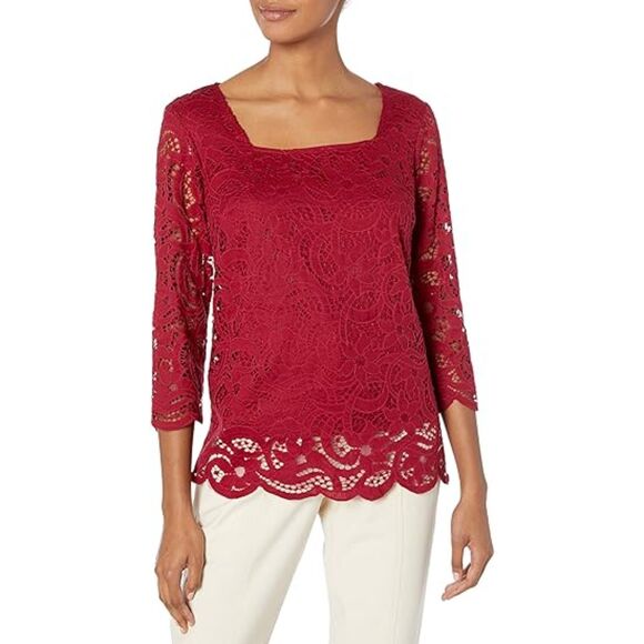 Nanette Lepore Tops - Nanette Lepore Burgundy Lace Blouse Top Shirt Sz Med NWT 3/4 Sleeve Lined